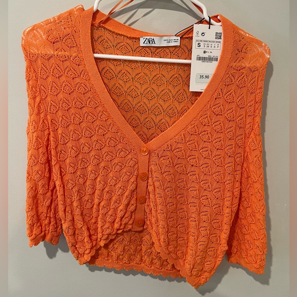 COPY - Zara Pointelle Knit Cropped Cardigan | Zara | Orange